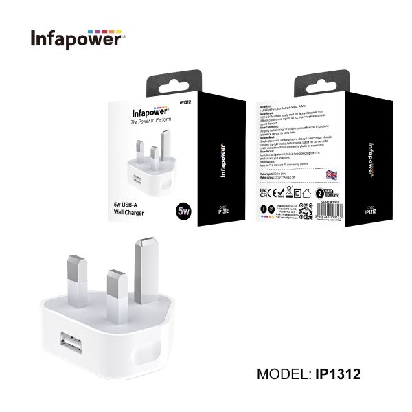 INFAPOWER SINGLE USB MAINS CHARGER RETAIL BOX